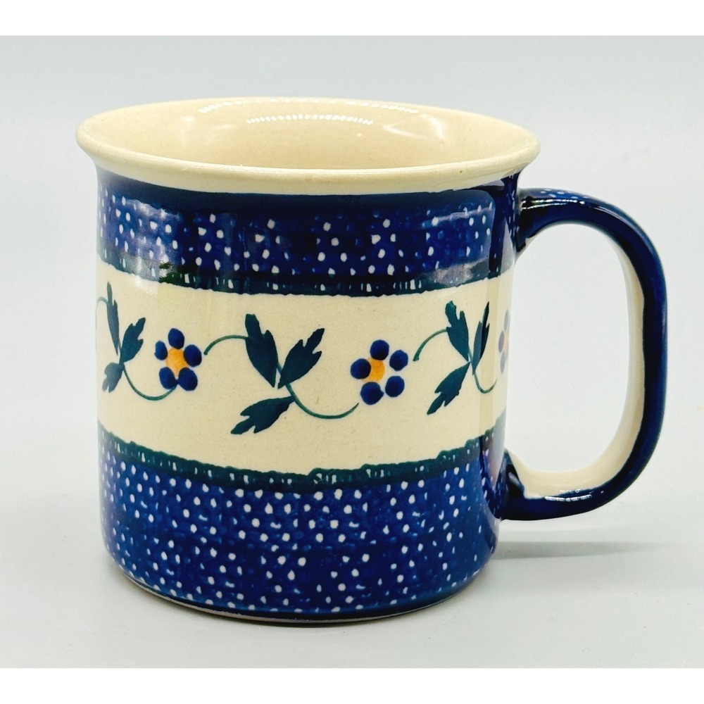 Ceramika Artystyczna Coffee Mug Blue White Polka Dot Floral Polish Pottery